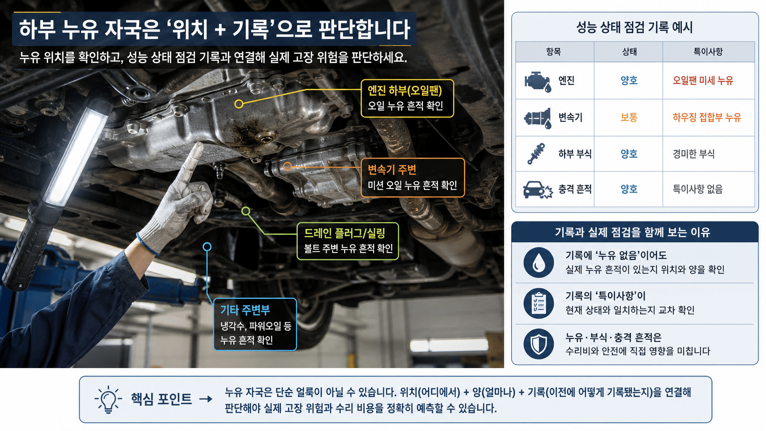 중고차 하부 점검: 누유와 부식, 충격 흔적 판단 기준