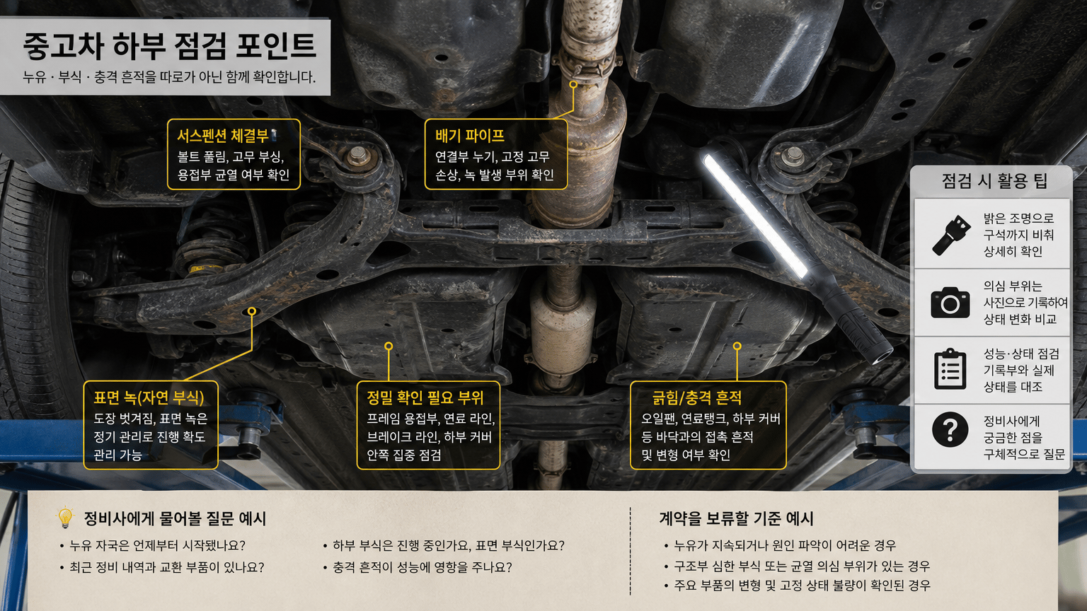 중고차 하부 점검: 누유와 부식, 충격 흔적 판단 기준