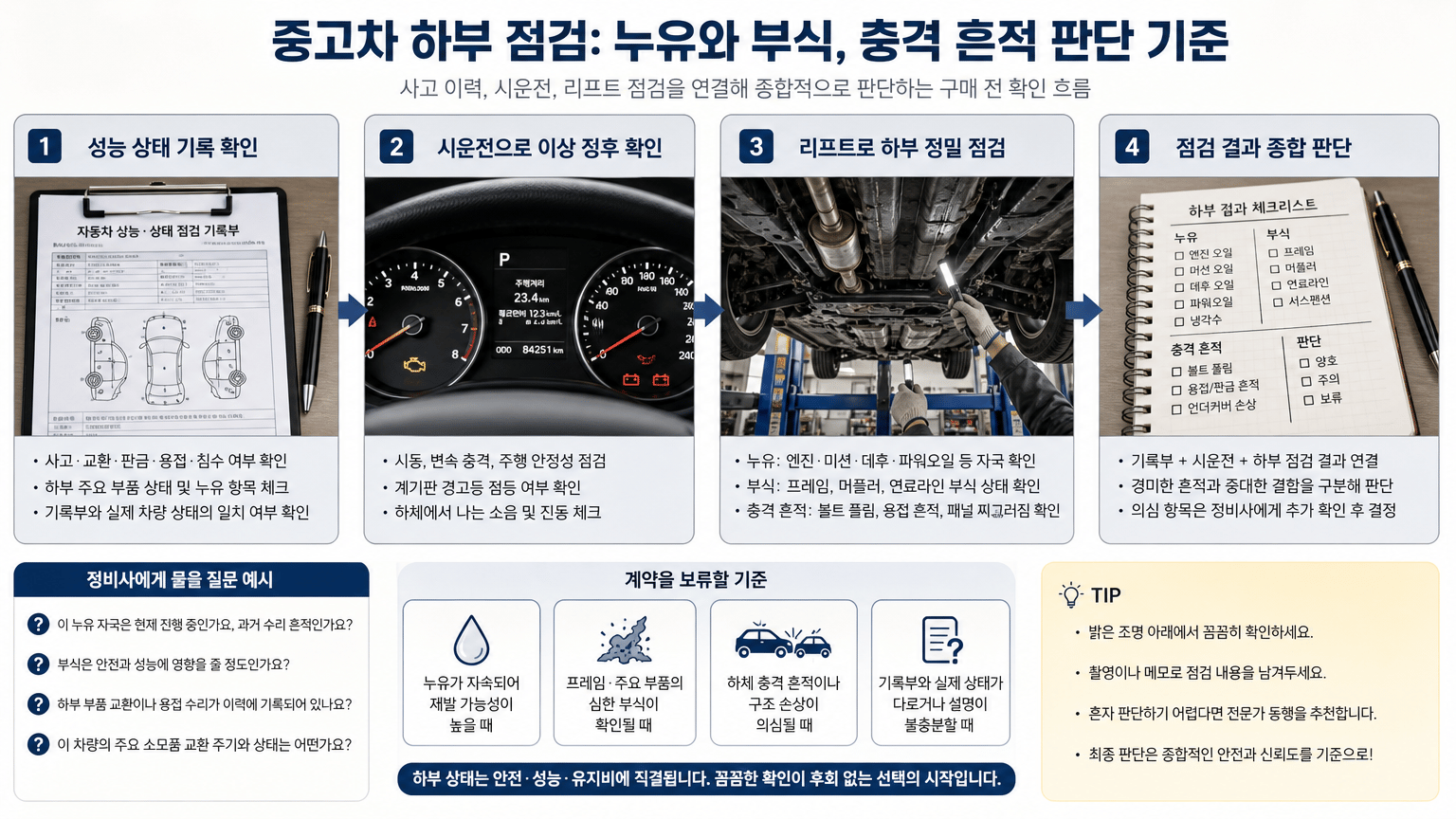중고차 하부 점검: 누유와 부식, 충격 흔적 판단 기준