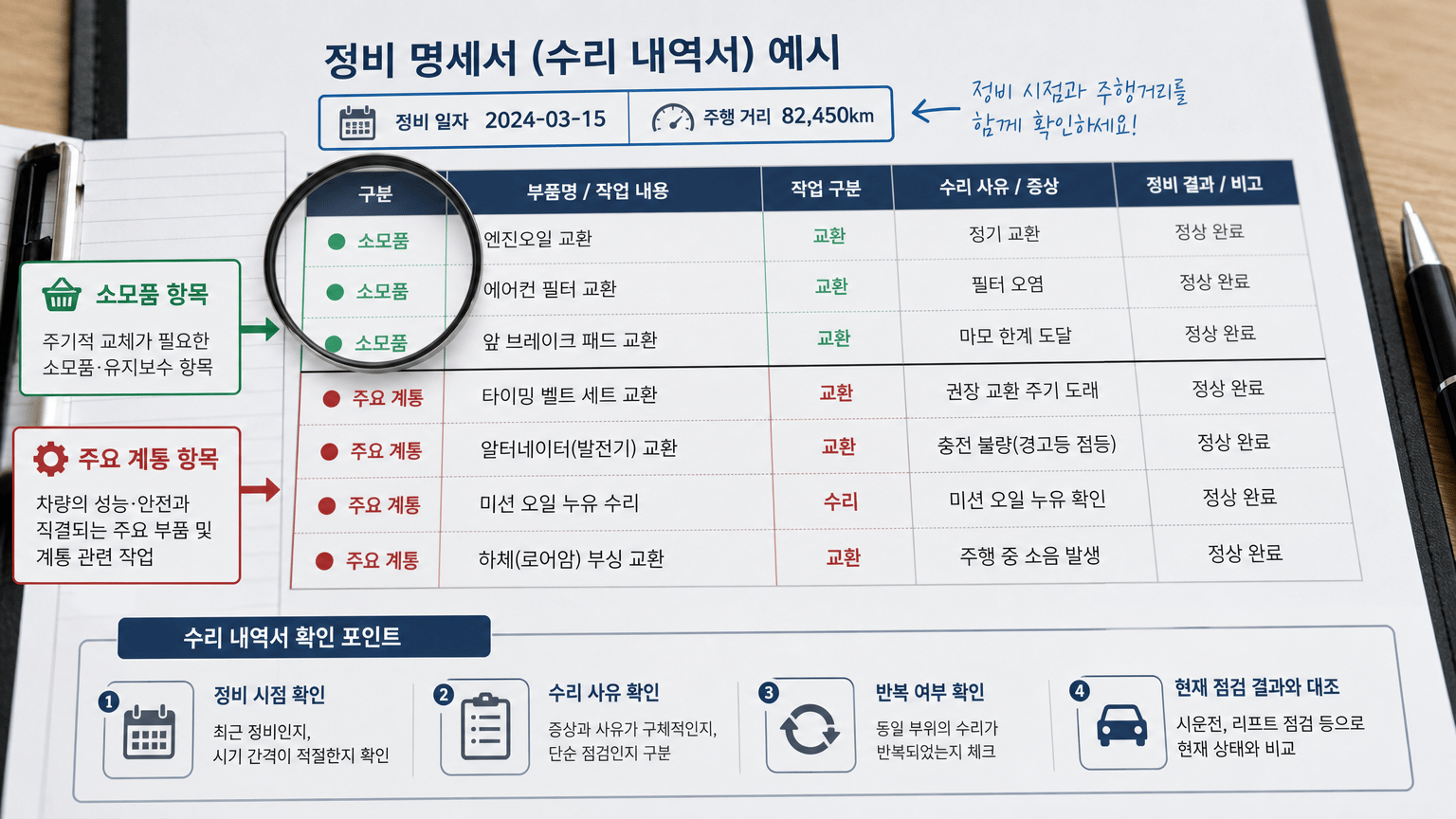 중고차 수리 내역서 읽는 법: 소모품과 주요 부품 구분 기준